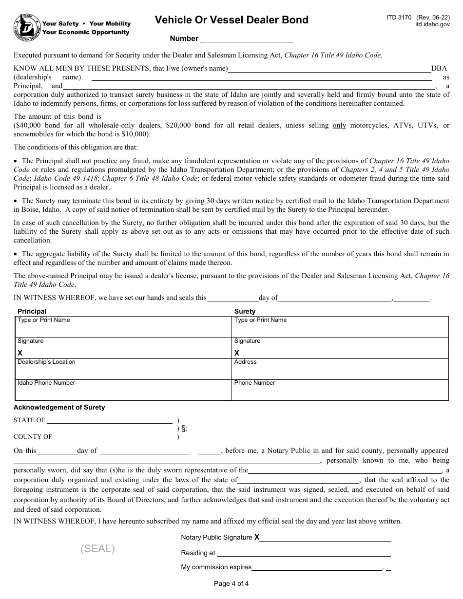 Form ITD3170 Application for Vehicle or Vessel Dealership License - Idaho, Page 4