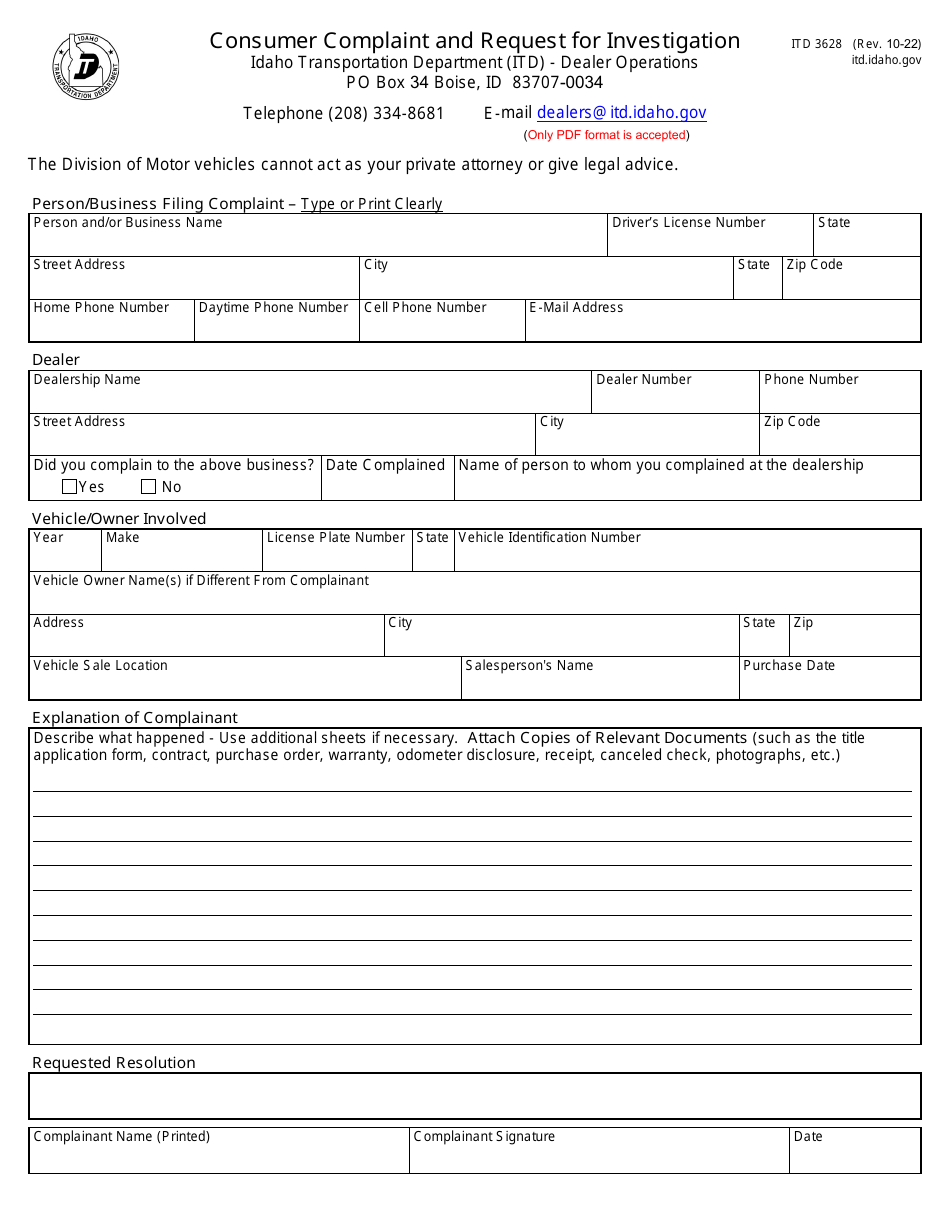 Form ITD3628 Consumer Complaint and Request for Investigation - Idaho, Page 1