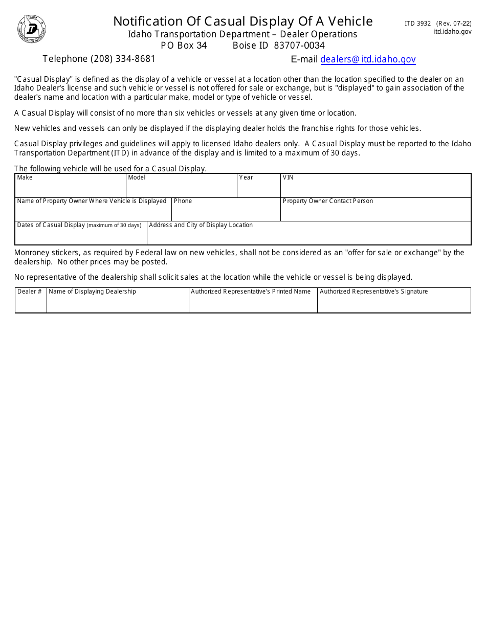 Form ITD3932 Notification of Casual Display of a Vehicle - Idaho, Page 1