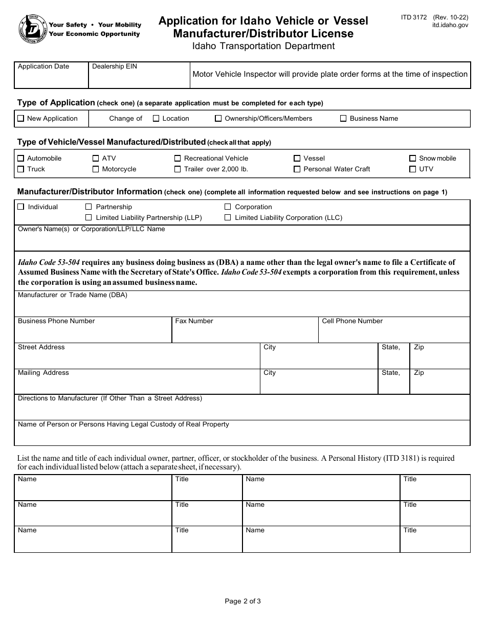 Form ITD3172 Application for Idaho Vehicle or Vessel Manufacturer / Distributor License - Idaho, Page 2