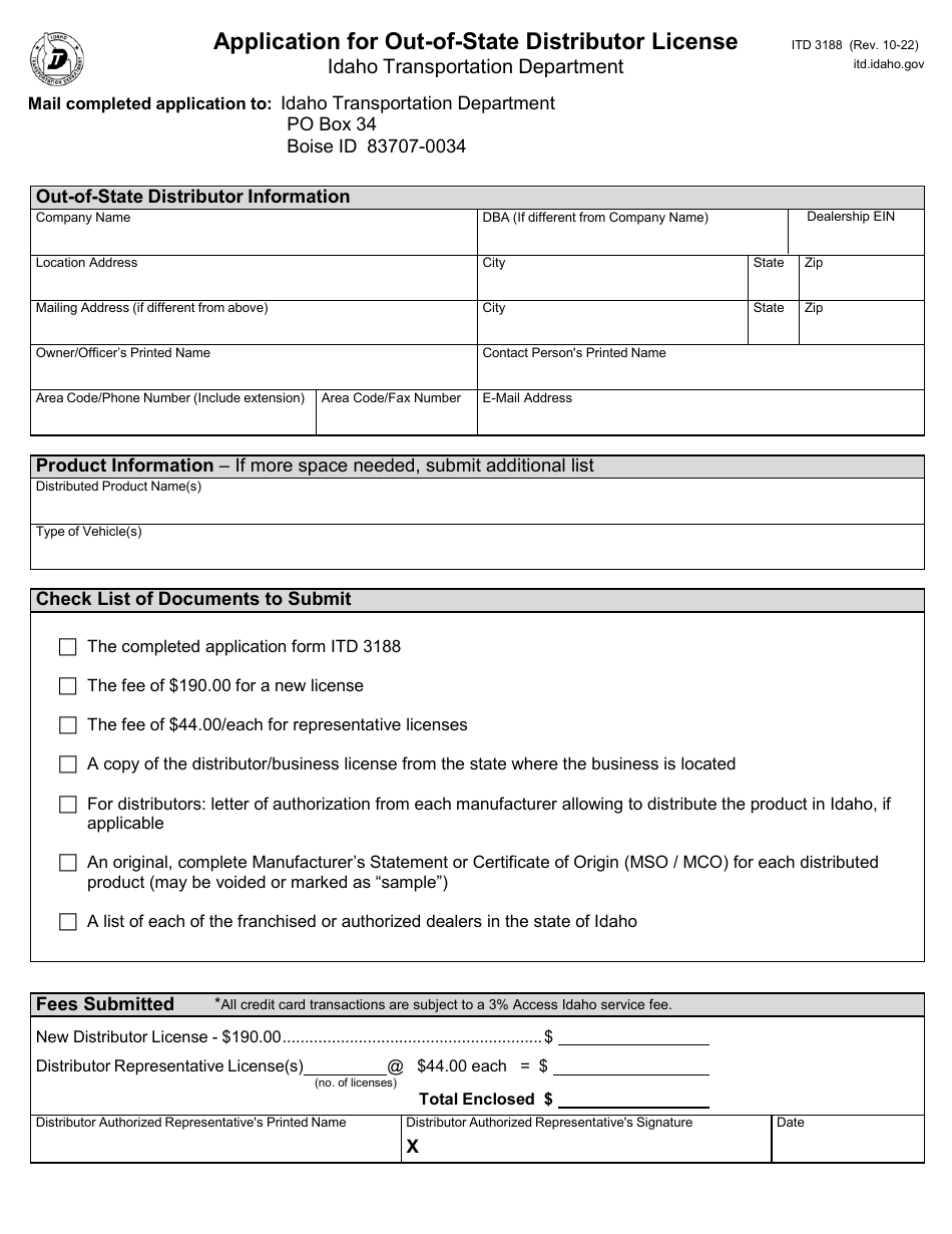 Form ITD3188 Application for Out-of-State Distributor License - Idaho, Page 1