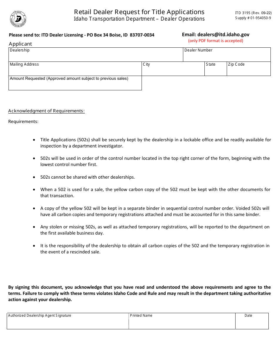 Form ITD3195 Retail Dealer Request for Title Applications - Idaho, Page 1