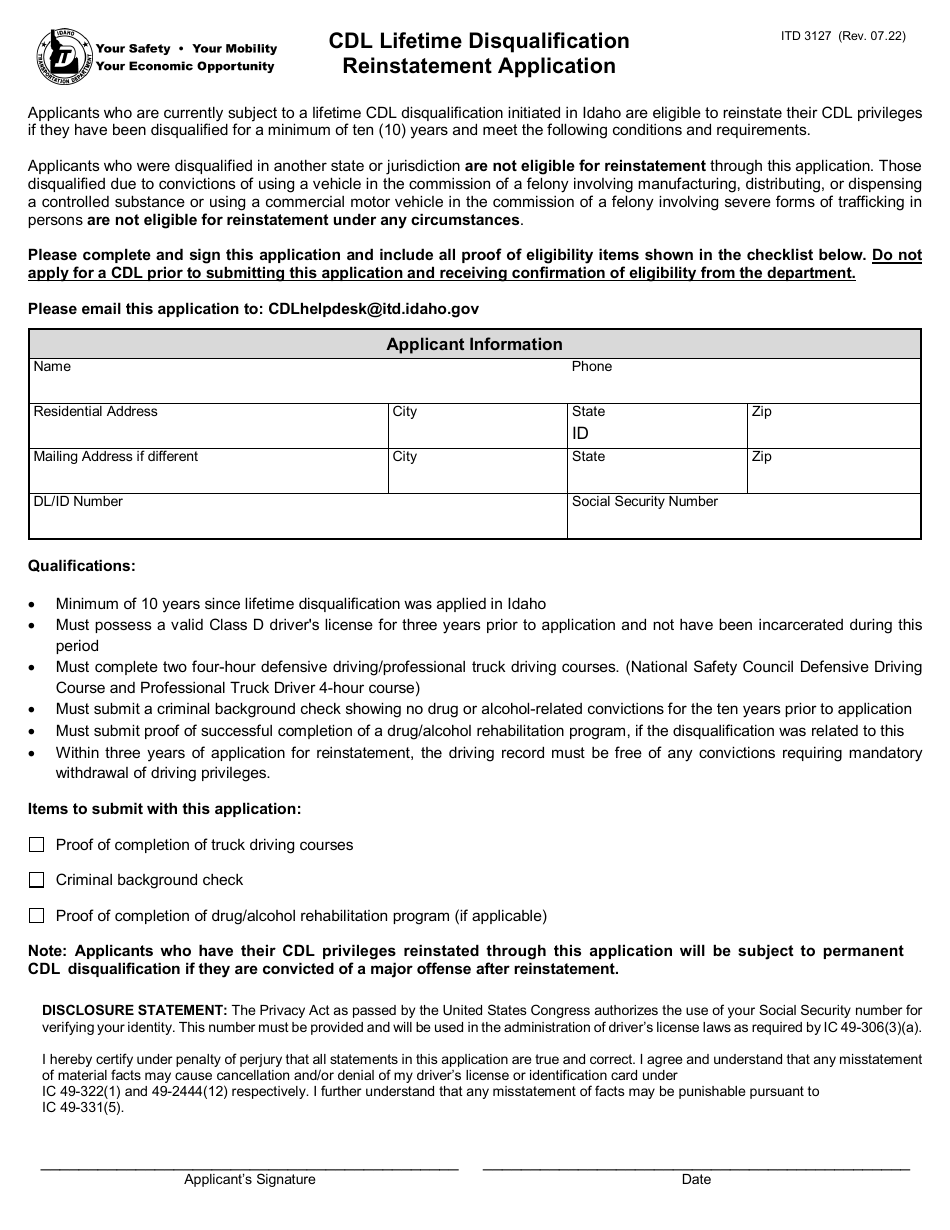 Form ITD3127 Cdl Lifetime Disqualification Reinstatement Application - Idaho, Page 1