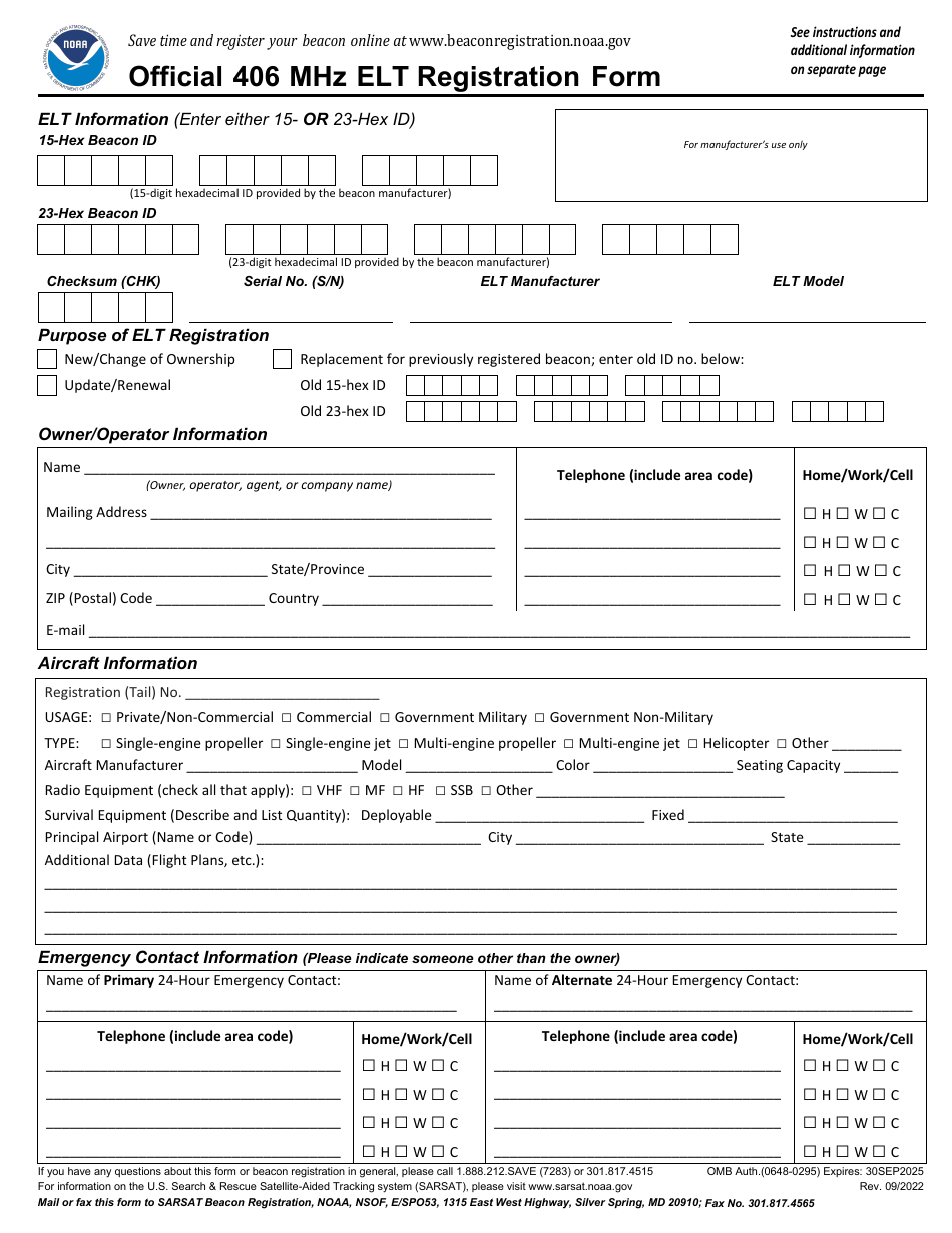 Official 406 Mhz Elt Registration Form, Page 1