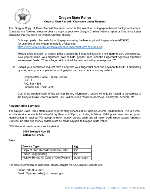 Copy of Own Record / Clearance Letter Request - Oregon Download Pdf