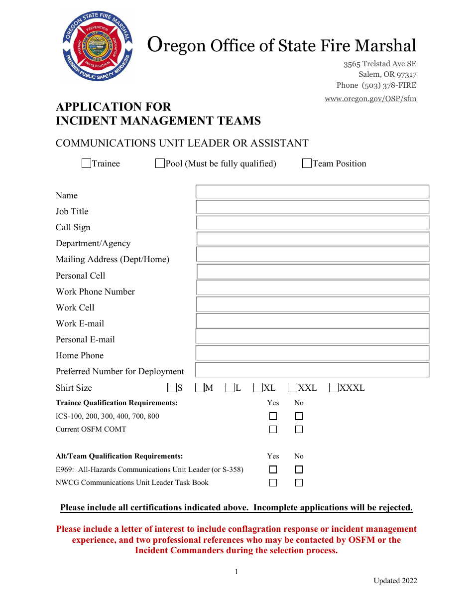 Application for Incident Management Teams - Communications Unit Leader or Assistant - Oregon, Page 1