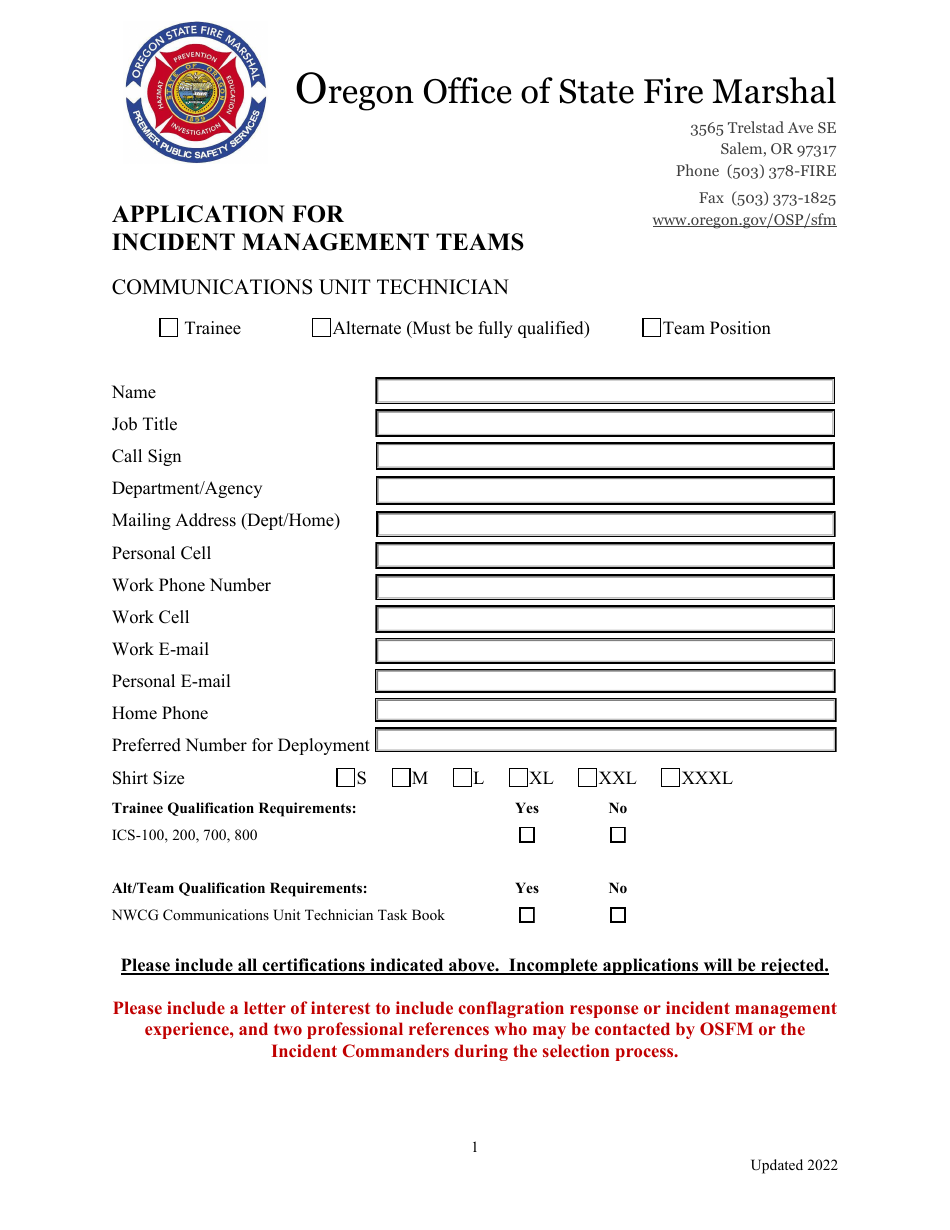 Application for Incident Management Teams - Communications Unit Technician - Oregon, Page 1