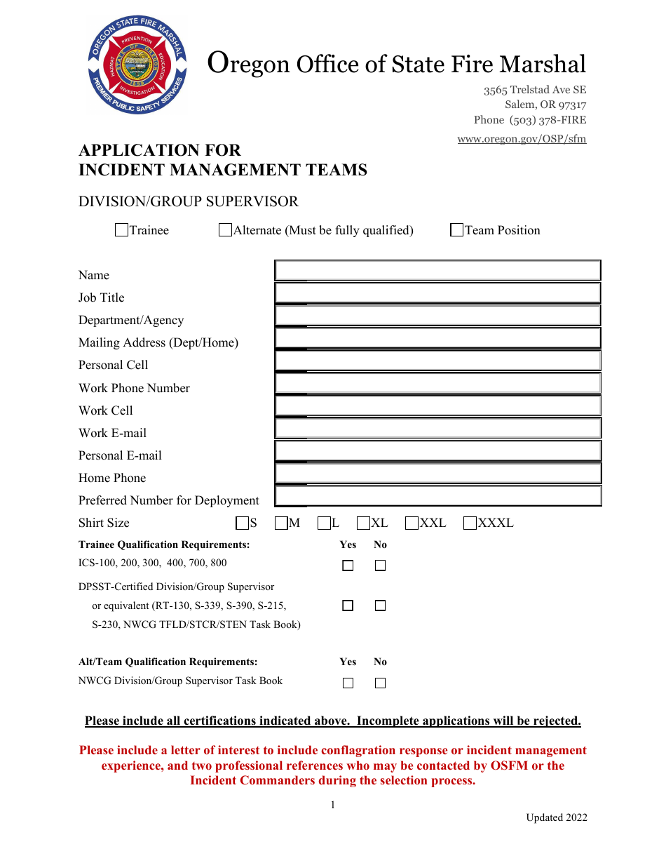 Application for Incident Management Teams - Division / Group Supervisor - Oregon, Page 1