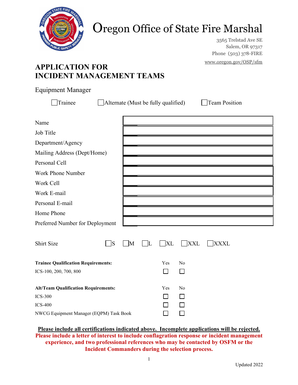 Application for Incident Management Teams - Equipment Manager - Oregon, Page 1