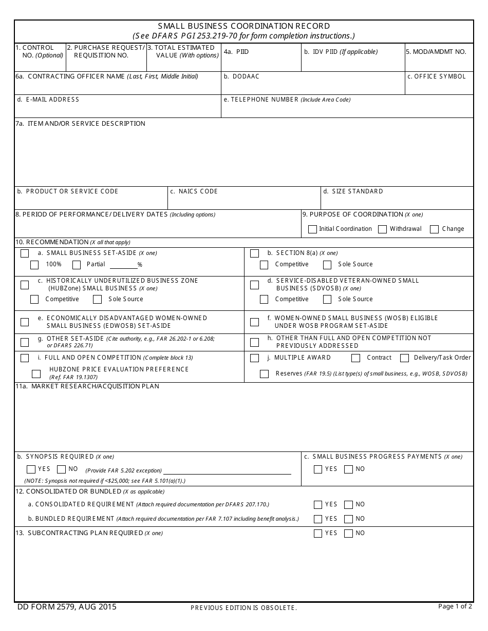 DD Form 2579 Small Business Coordination Record, Page 1