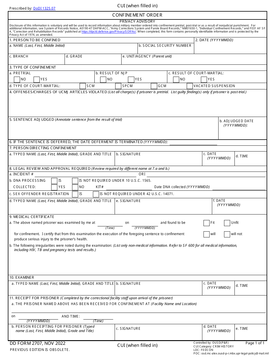 DD Form 2707 Confinement Order, Page 1