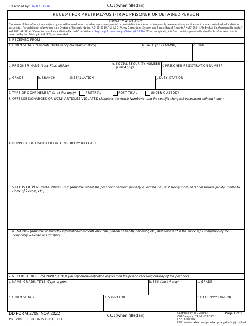 DD Form 2708 Receipt for Pretrial/Post-trial Prisoner or Detained Person