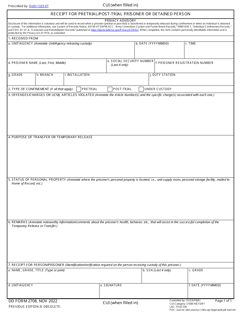 DD Form 2708 Receipt for Pretrial / Post-trial Prisoner or Detained Person, Page 1