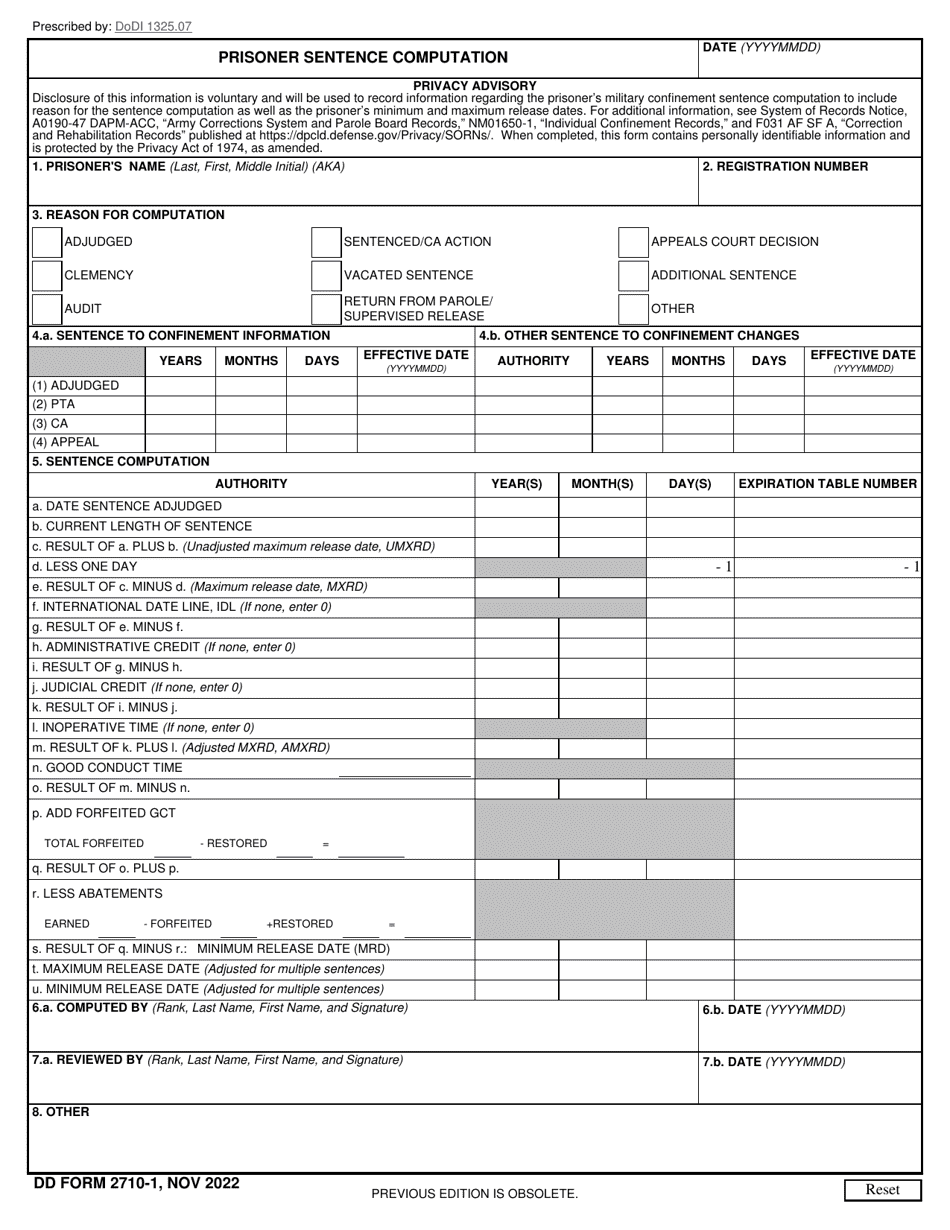 DD Form 2710-1 Download Fillable PDF or Fill Online Prisoner Sentence ...