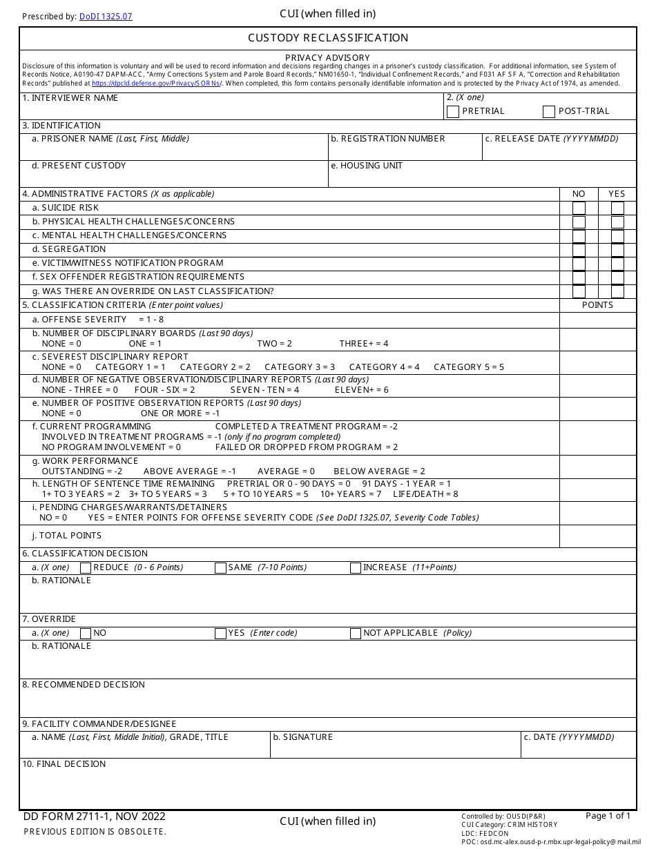 DD Form 2711-1 Custody Reclassification, Page 1