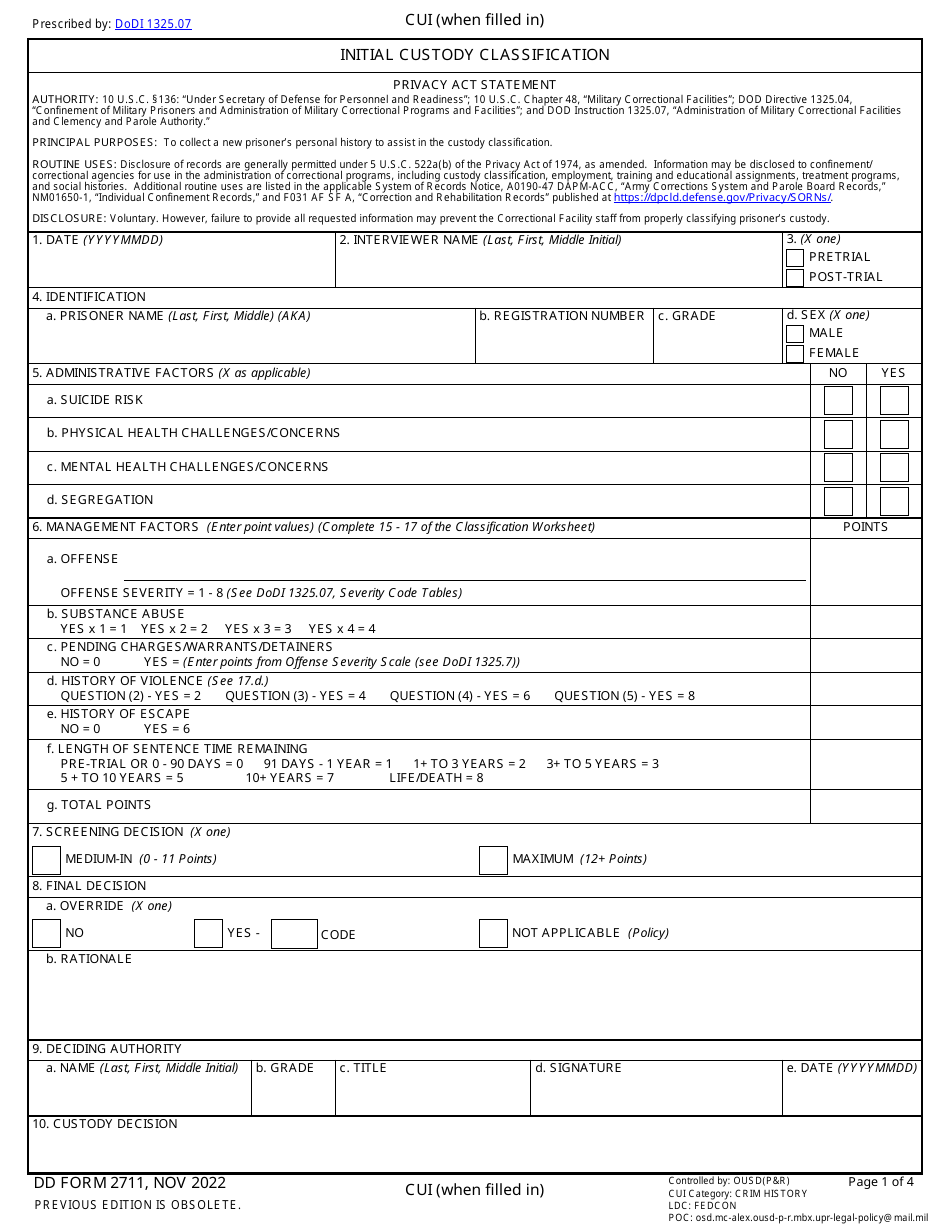 DD Form 2711 Download Fillable PDF or Fill Online Initial Custody ...