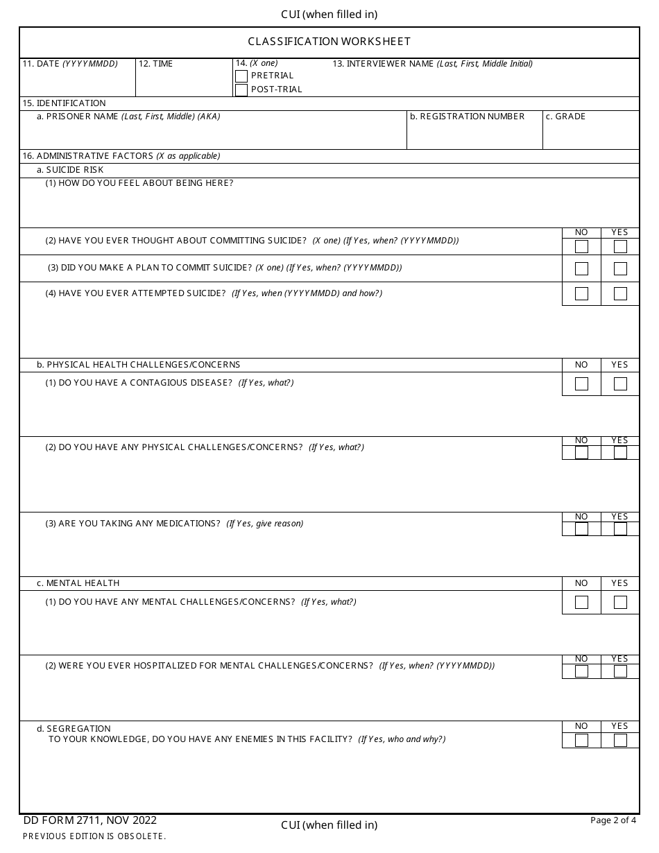 DD Form 2711 Initial Custody Classification, Page 2