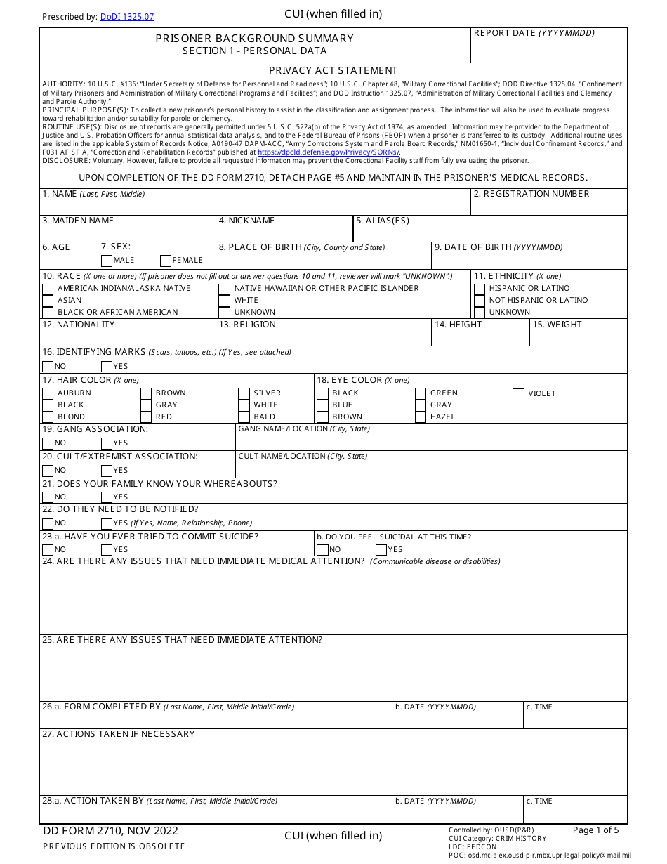 DD Form 2710 Prisoner Background Summary, Page 1