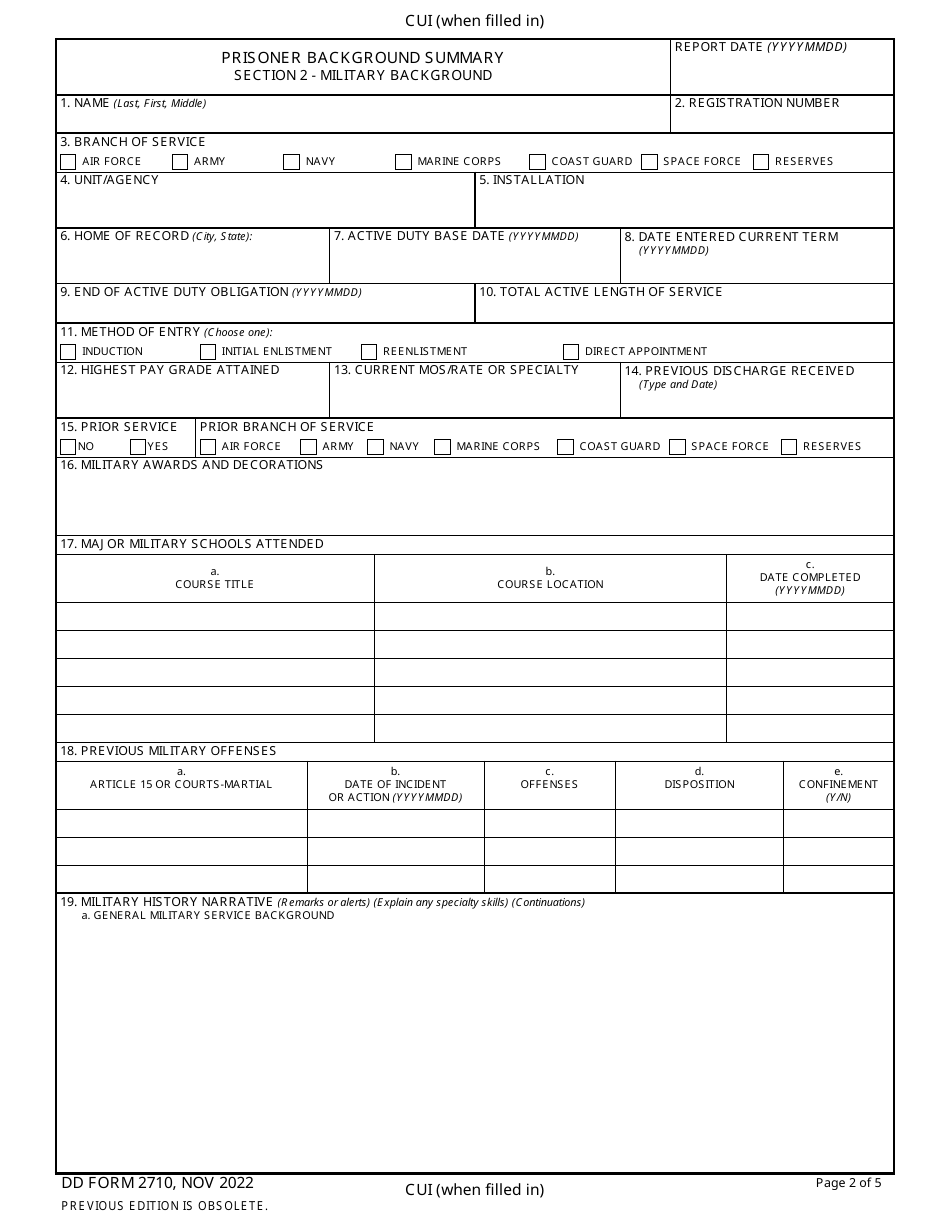 DD Form 2710 Prisoner Background Summary, Page 2