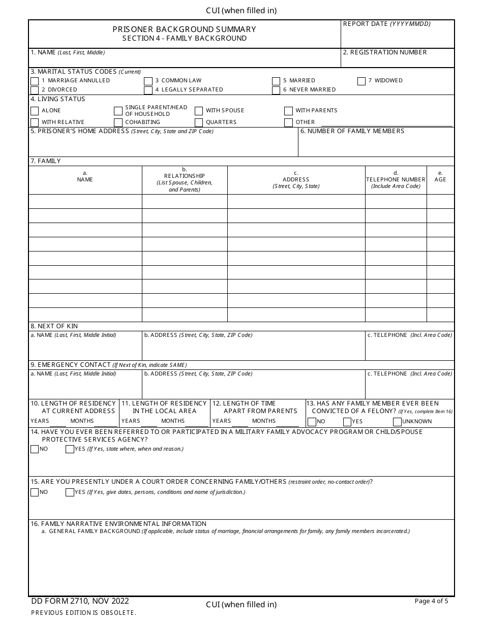 DD Form 2710 Download Fillable PDF or Fill Online Prisoner Background ...