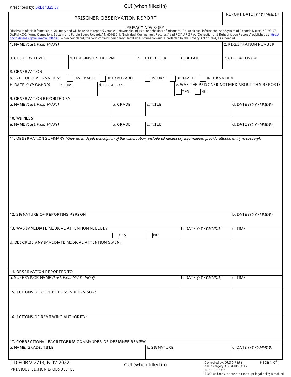 DD Form 2713 Prisoner Observation Report, Page 1