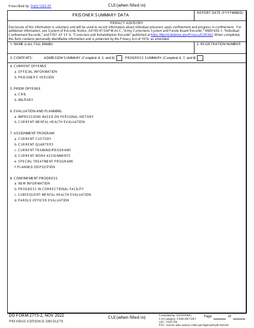 DD Form 2715-2 Prisoner Summary Data