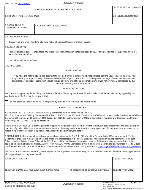 DD Form 2716 Parole Acknowledgement Letter