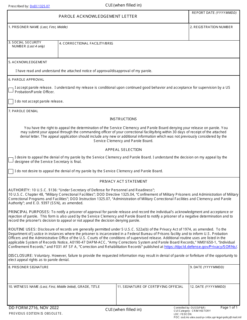 DD Form 2716 Parole Acknowledgement Letter, Page 1