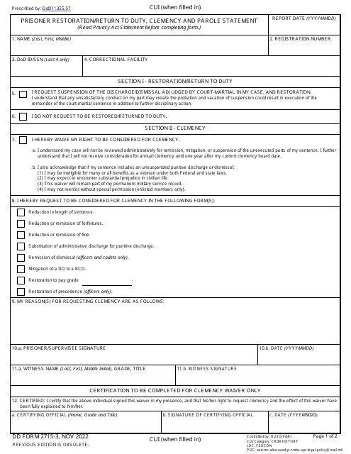 DD Form 2715-3 Prisoner Restoration/Return to Duty, Clemency and Parole Statement