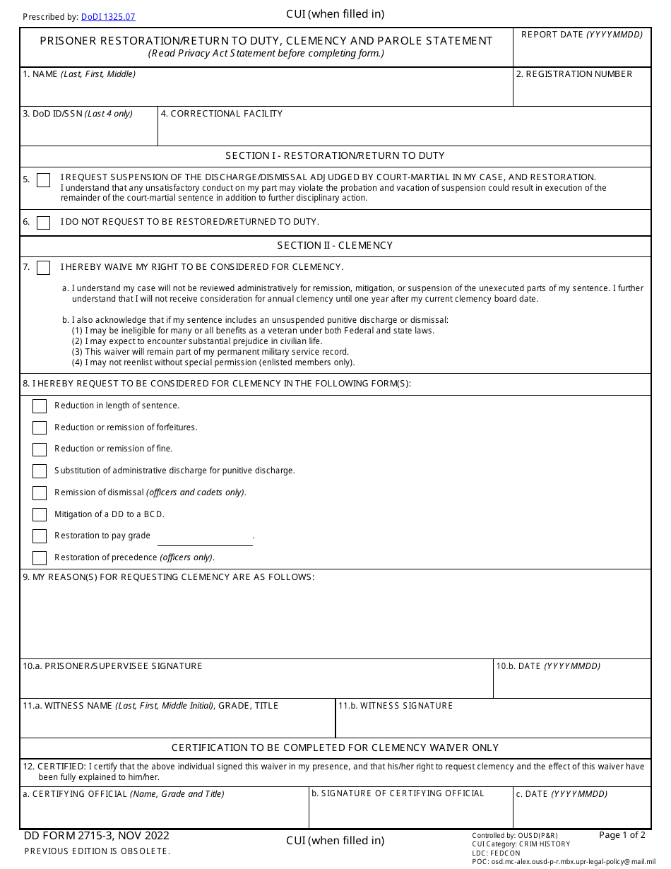 DD Form 2715-3 Prisoner Restoration / Return to Duty, Clemency and Parole Statement, Page 1