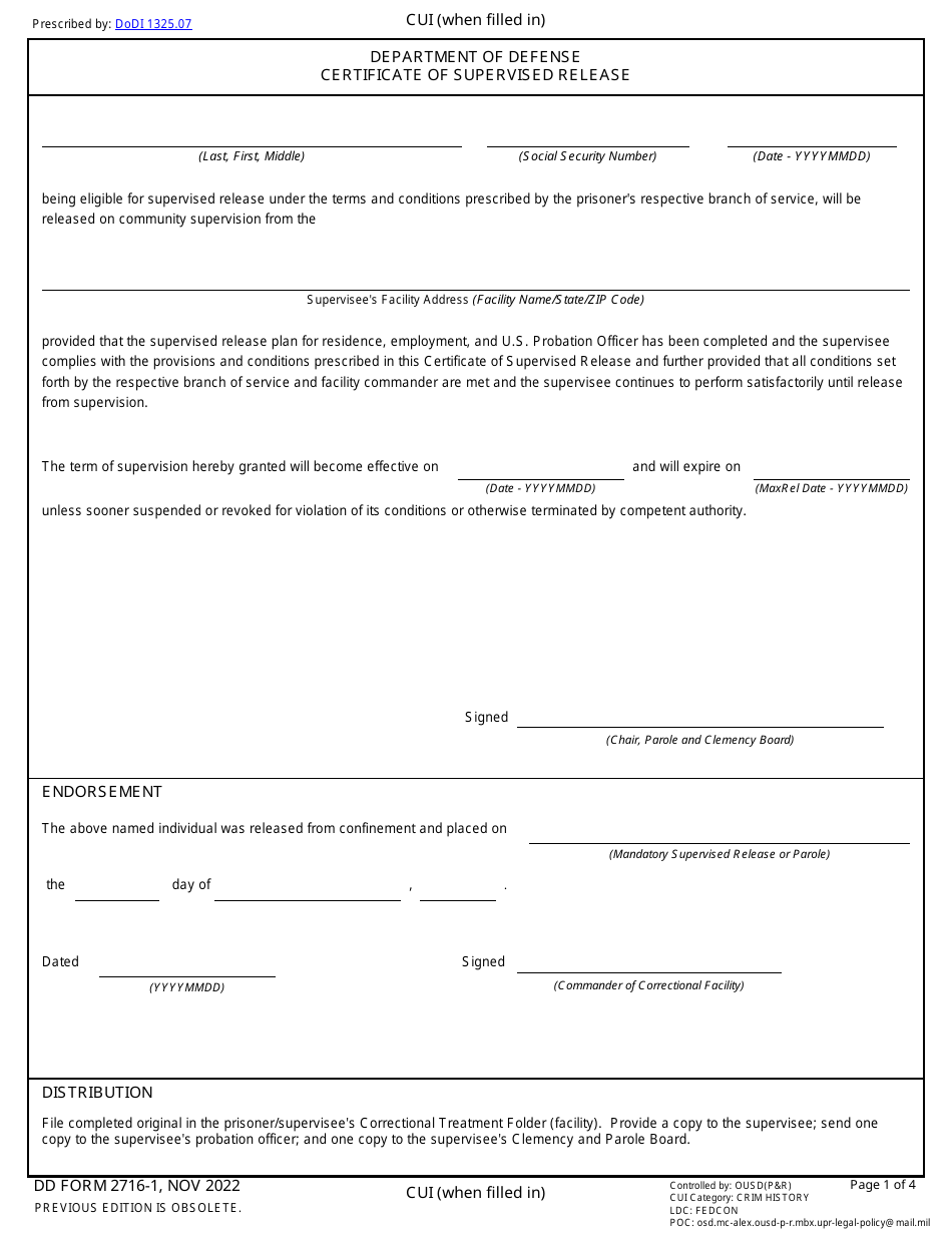 DD Form 2716-1 Department of Defense Certificate of Supervised Release, Page 1