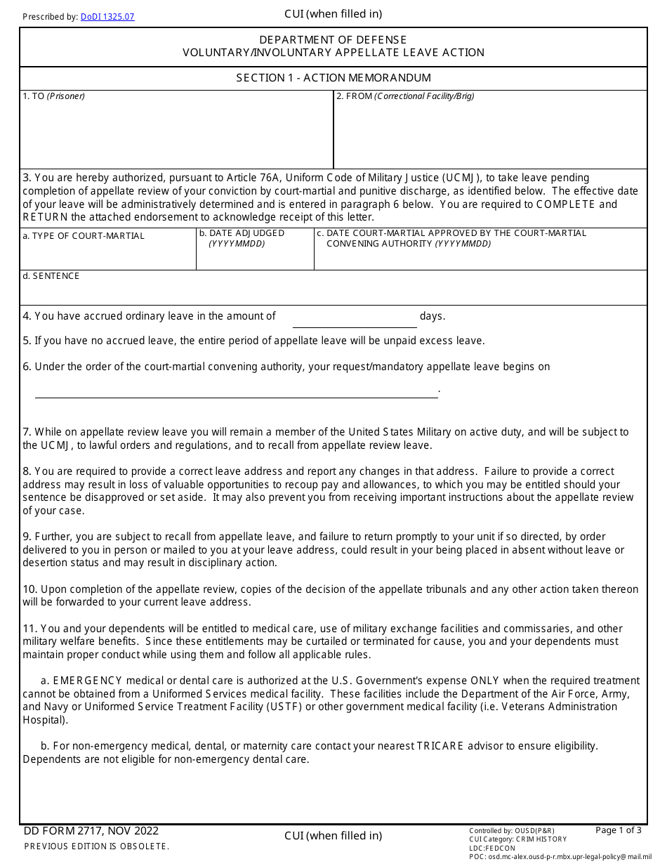 DD Form 2717 Department of Defense Voluntary / Involuntary Appellate Leave Action, Page 1