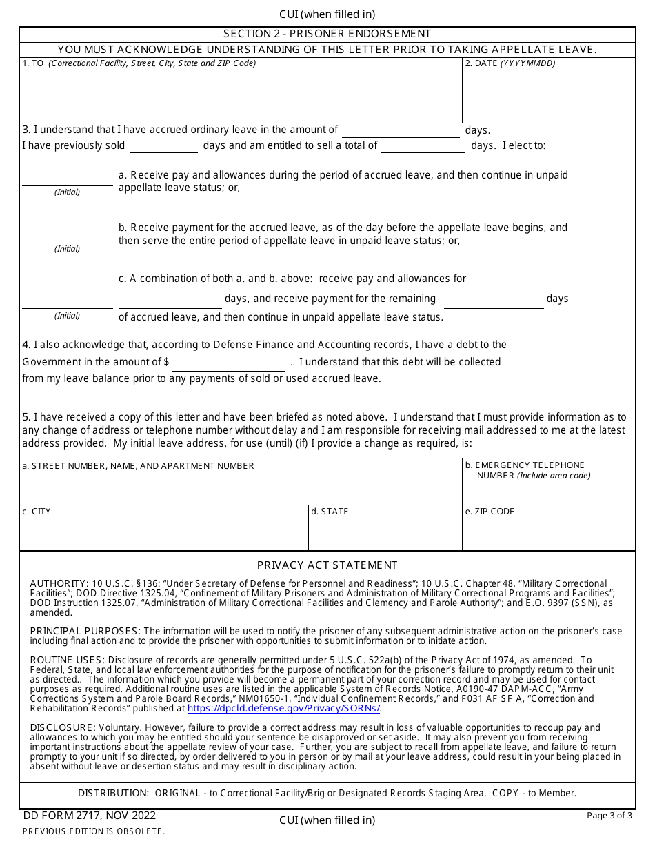 DD Form 2717 Department of Defense Voluntary / Involuntary Appellate Leave Action, Page 3