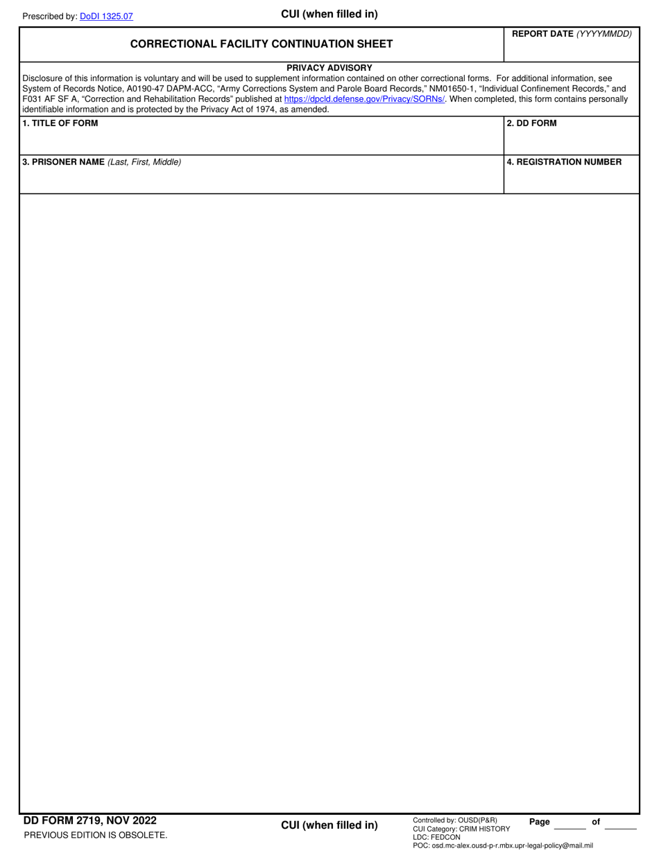 DD Form 2719 Correctional Facility Continuation Sheet, Page 1