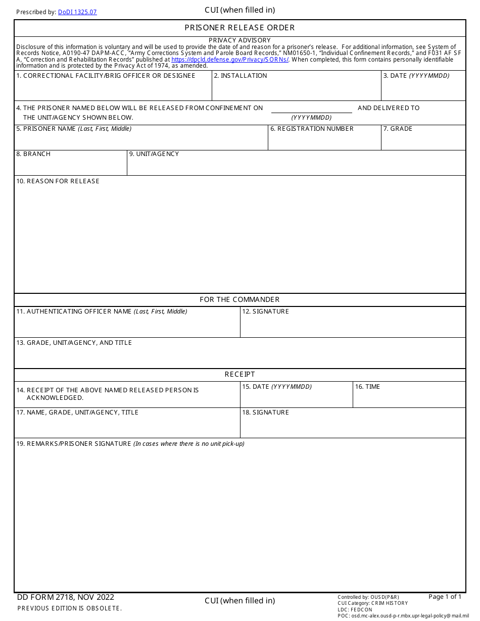 DD Form 2718 Prisoner Release Order, Page 1