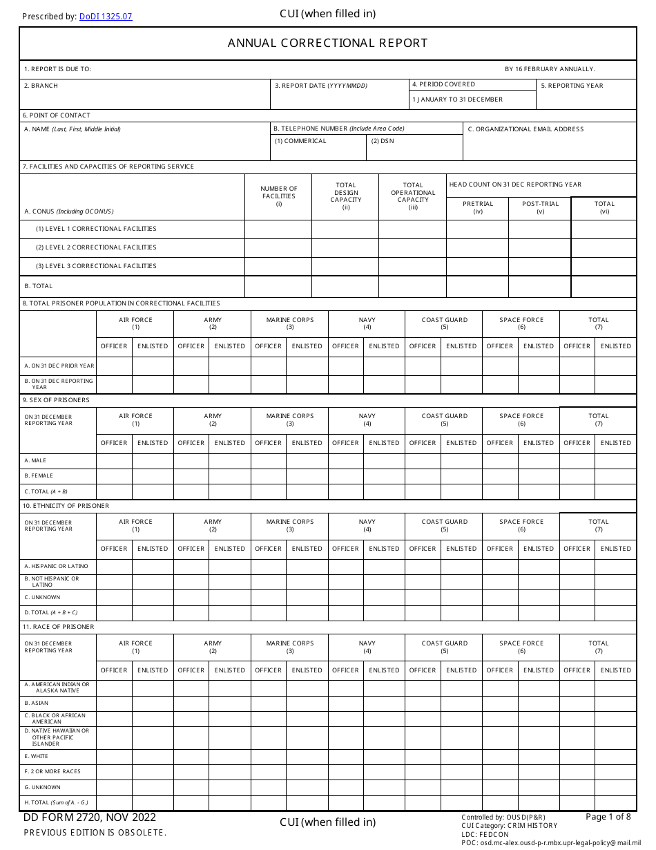 DD Form 2720 Annual Correctional Report, Page 1