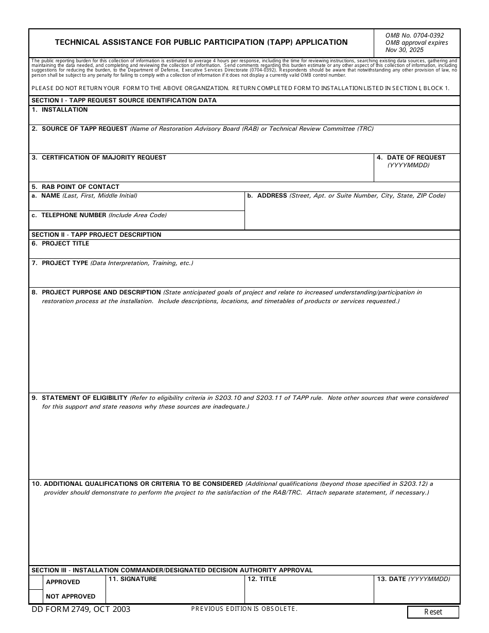DD Form 2749 Technical Assistance for Public Participation (Tapp) Application, Page 1