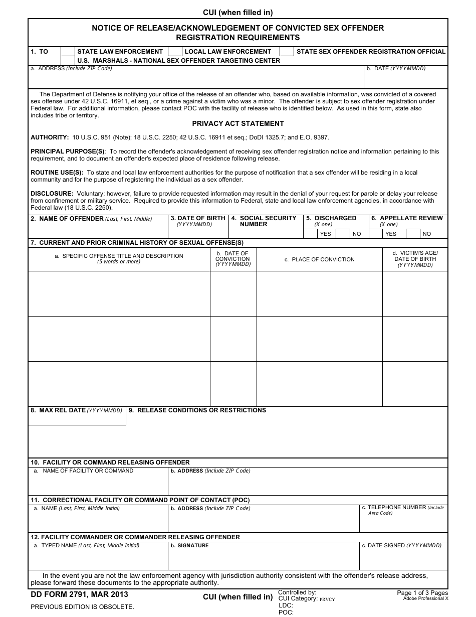DD Form 2791 Notice of Release / Acknowledgement of Convicted Sex Offender Registration Requirements, Page 1