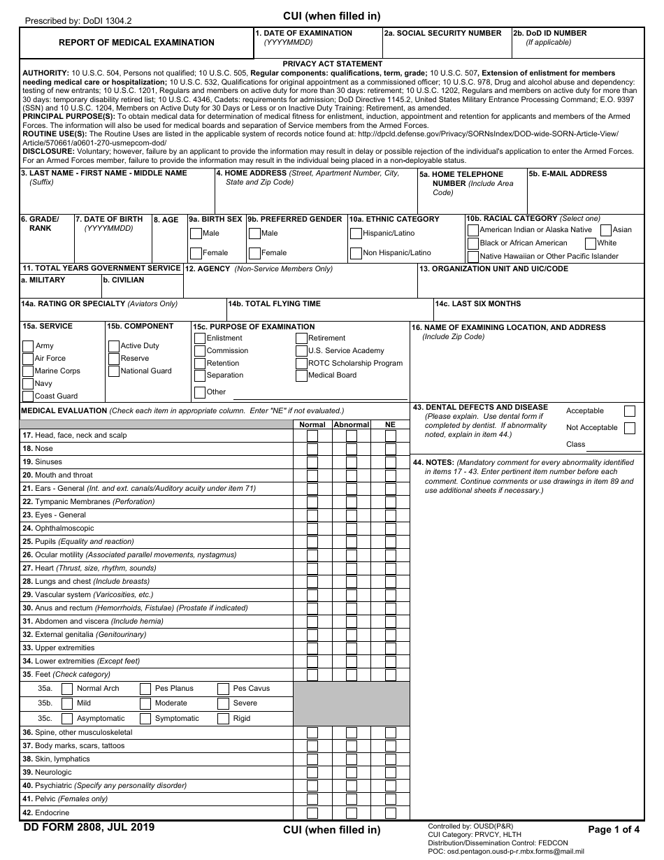 DD Form 2808 Report of Medical Examination, Page 1