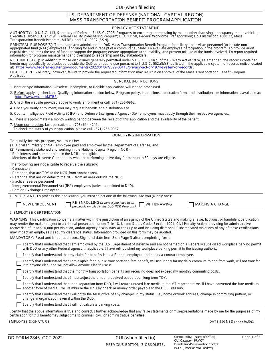 DD Form 2845 U.S. Department of Defense (National Capital Region) Mass Transportation Benefit Program Application, Page 1