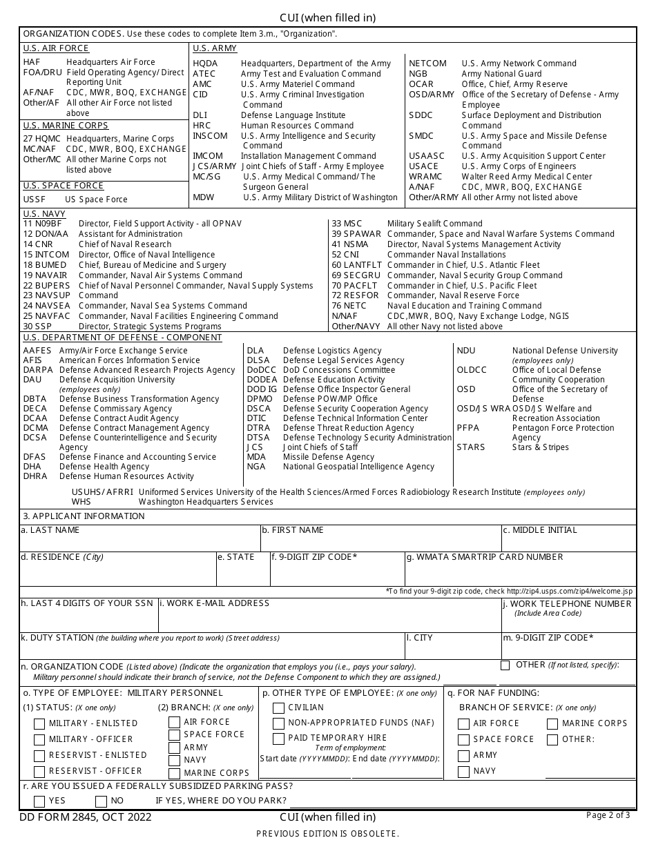 DD Form 2845 U.S. Department of Defense (National Capital Region) Mass Transportation Benefit Program Application, Page 2