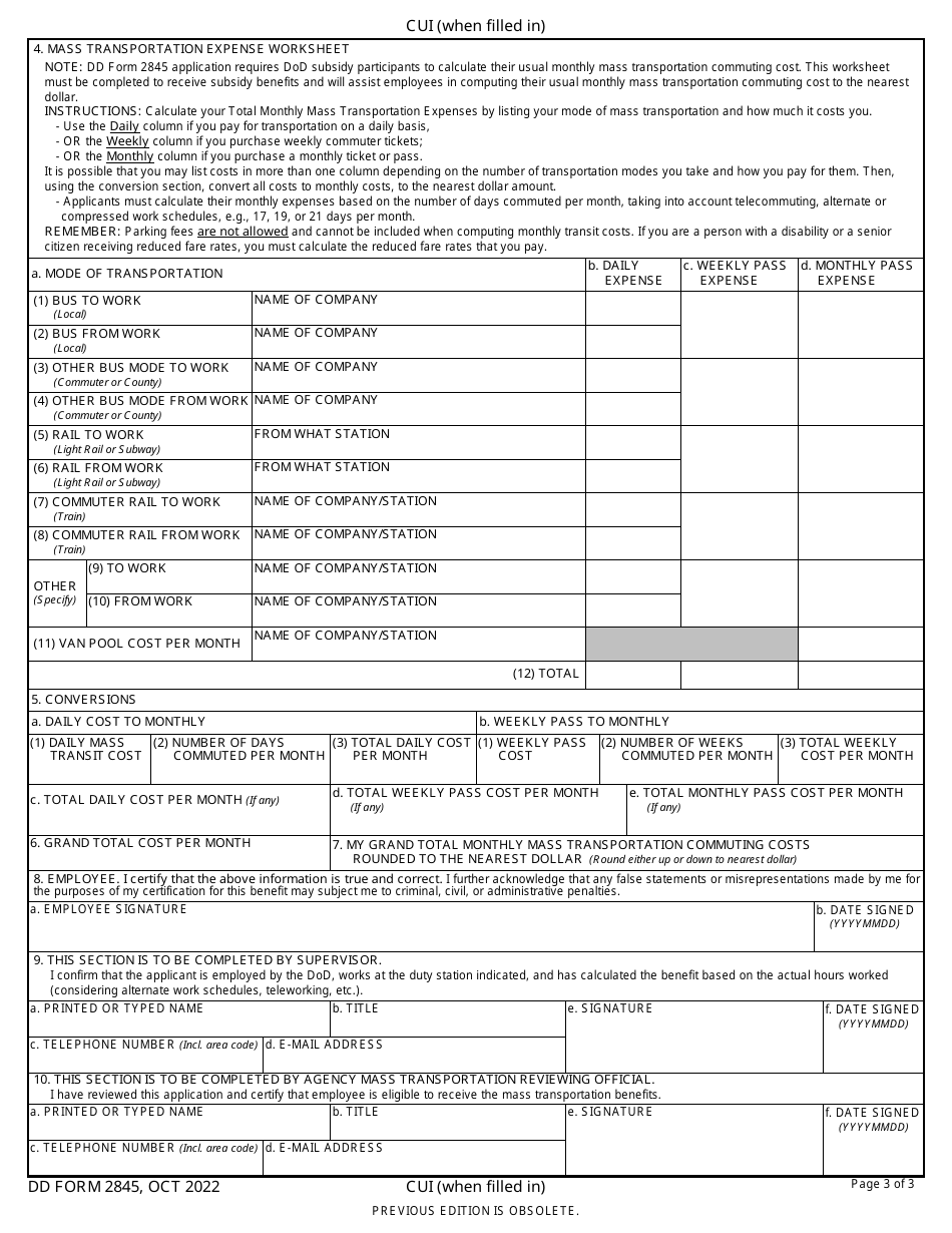 DD Form 2845 U.S. Department of Defense (National Capital Region) Mass Transportation Benefit Program Application, Page 3