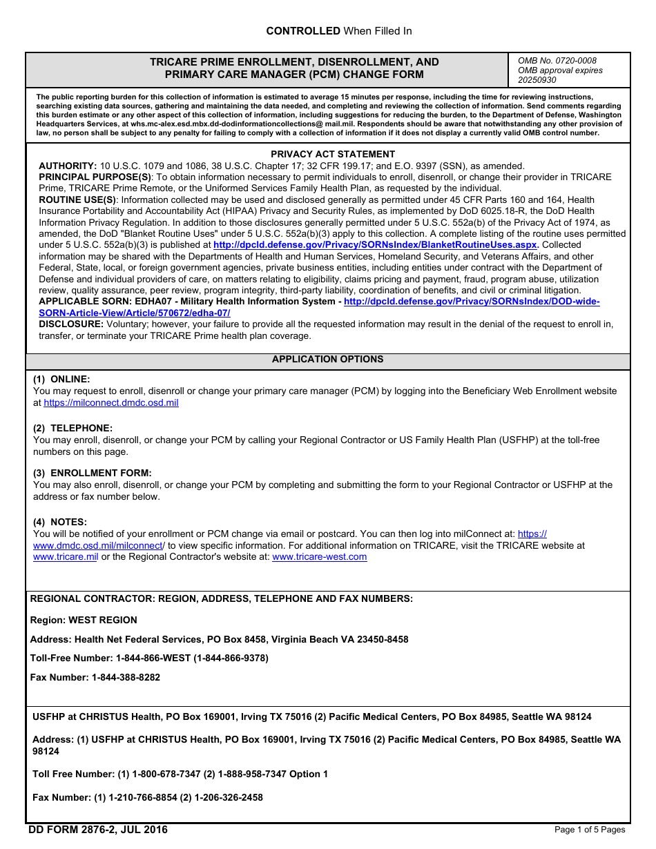 DD Form 2876-2 TRICARE Prime Enrollment, Disenrollment and Primary Care Manager (PCM) Change Form (West), Page 1