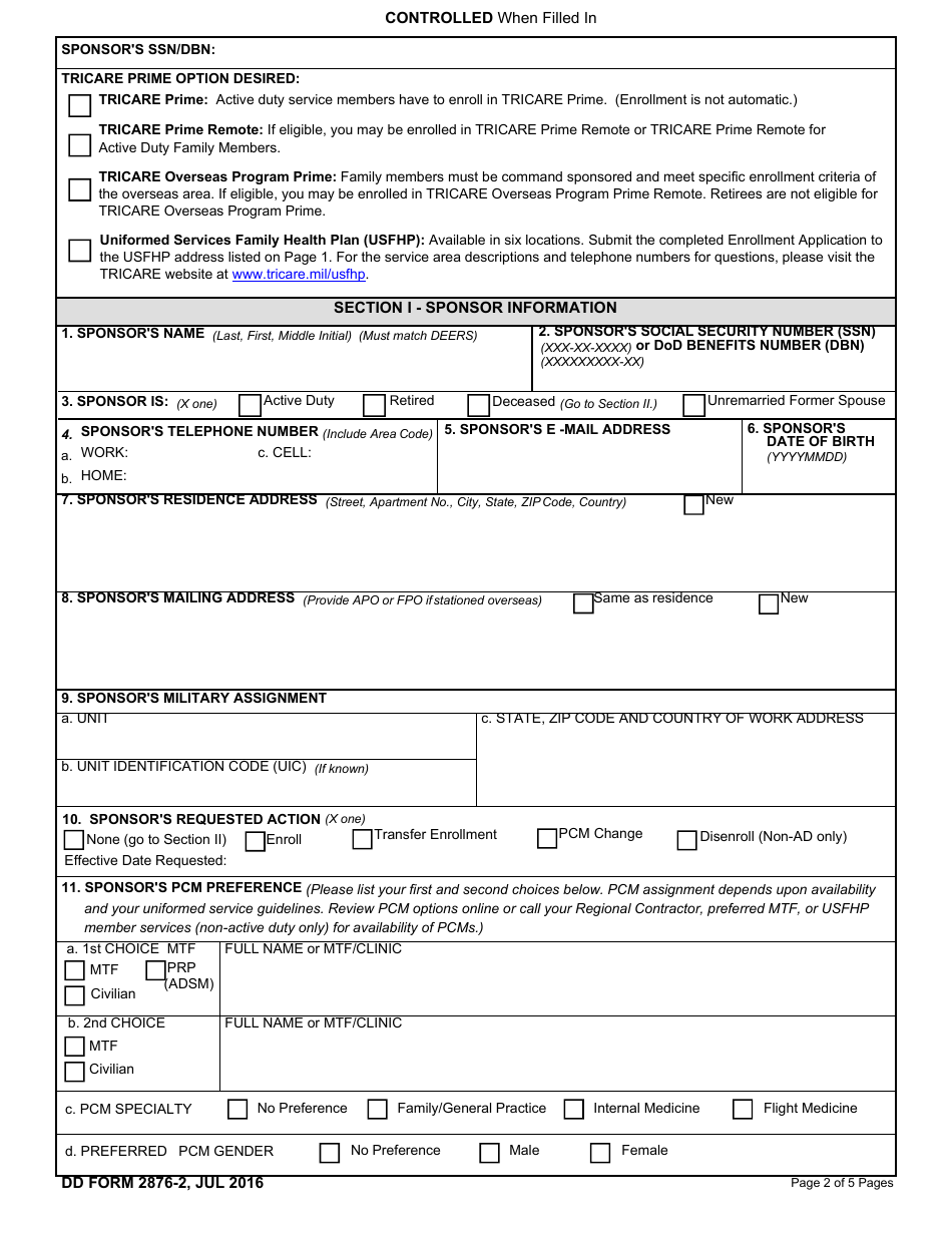 DD Form 2876-2 TRICARE Prime Enrollment, Disenrollment and Primary Care Manager (PCM) Change Form (West), Page 2