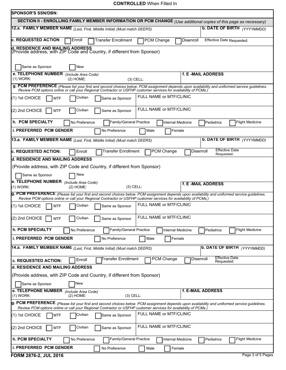 DD Form 2876-2 TRICARE Prime Enrollment, Disenrollment and Primary Care Manager (PCM) Change Form (West), Page 3