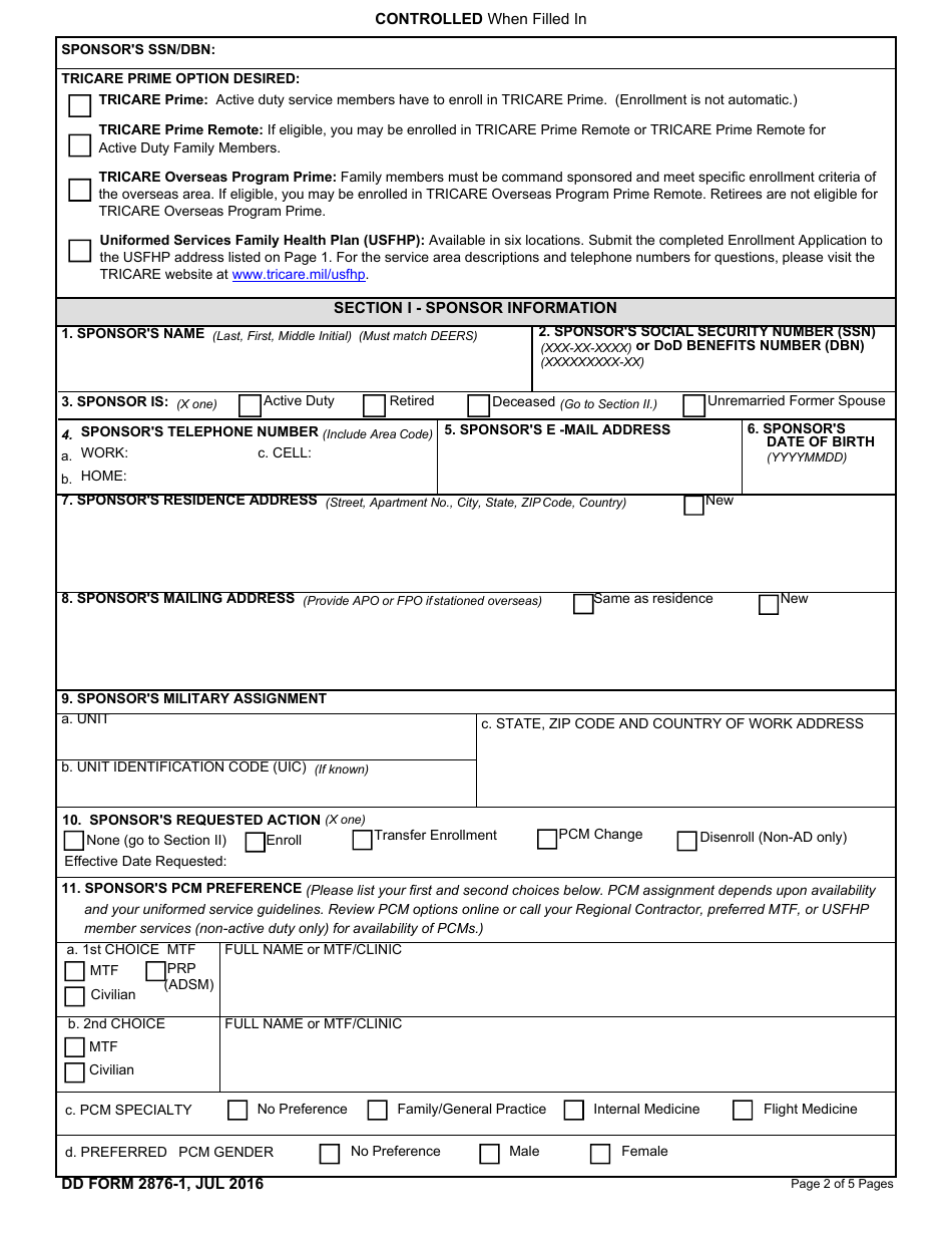 DD Form 2876-1 TRICARE Prime Enrollment, Disenrollment and Primary Care Manager (PCM) Change Form (East), Page 2