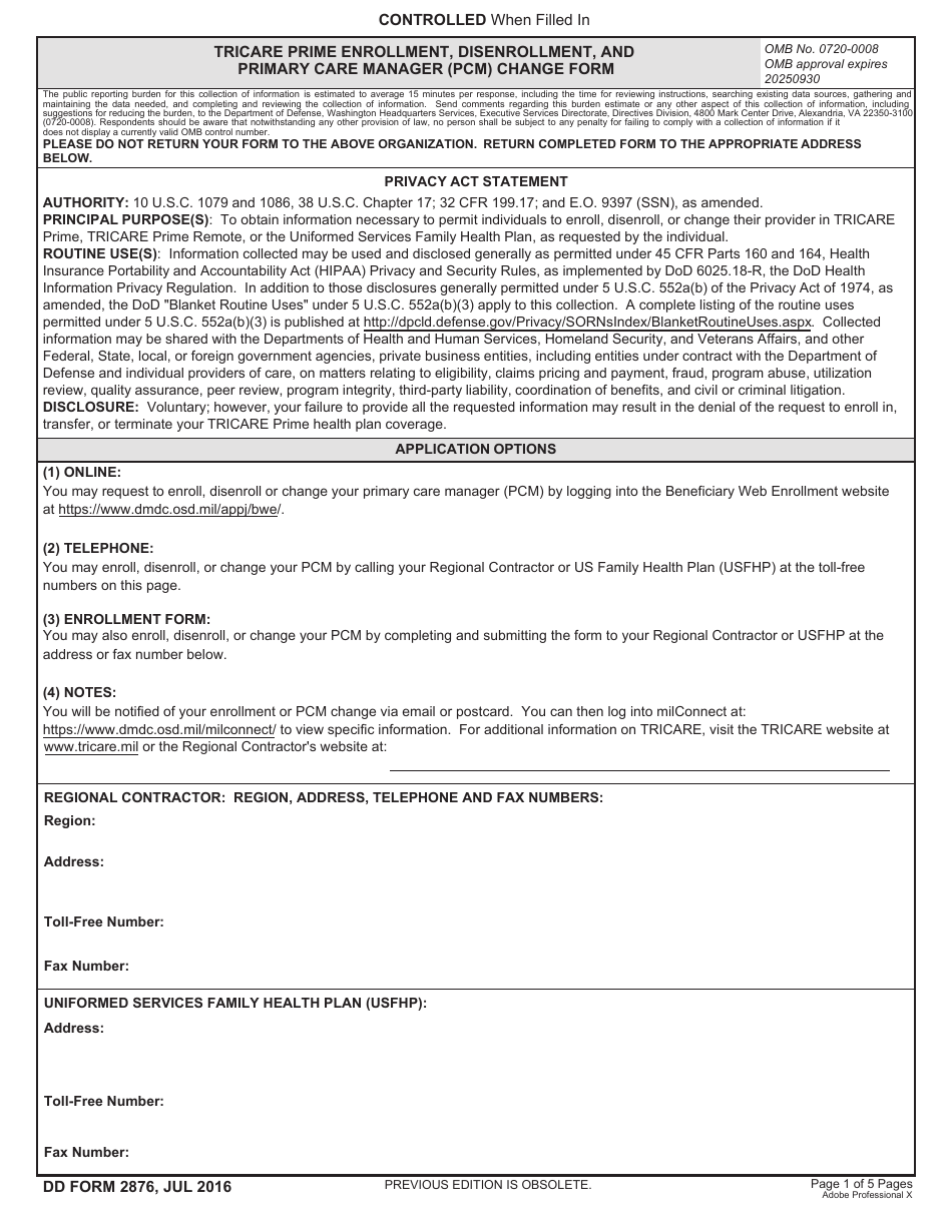 DD Form 2876 TRICARE Prime Enrollment, Disenrollment, and Primary Care Manager (PCM) Change Form, Page 1