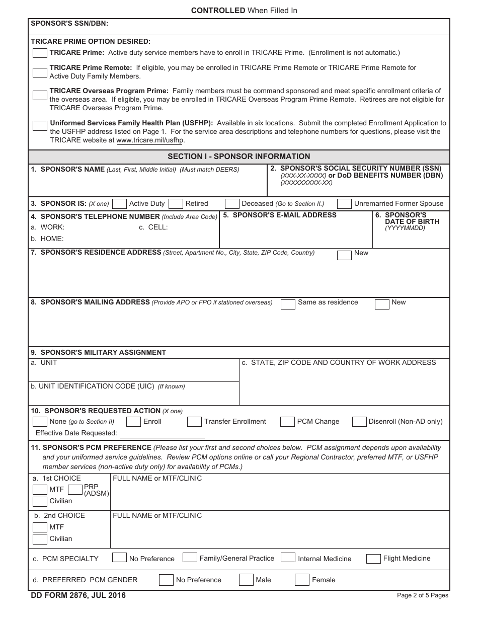 DD Form 2876 TRICARE Prime Enrollment, Disenrollment, and Primary Care Manager (PCM) Change Form, Page 2