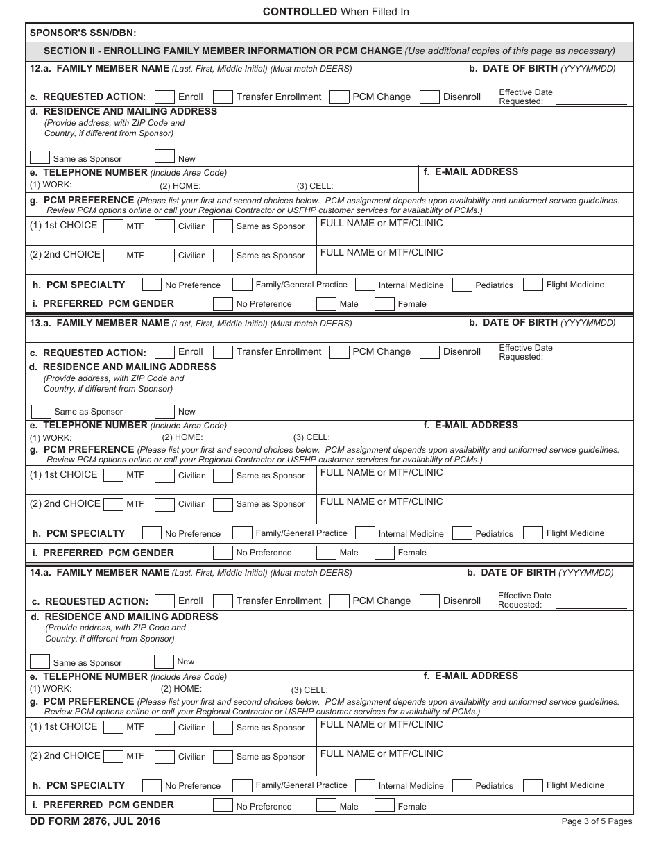 DD Form 2876 TRICARE Prime Enrollment, Disenrollment, and Primary Care Manager (PCM) Change Form, Page 3