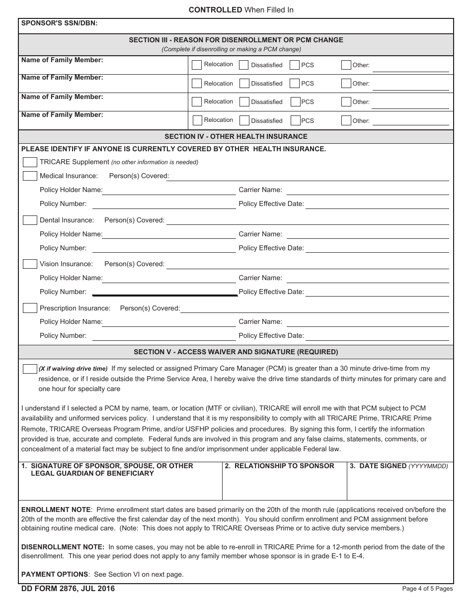 DD Form 2876 TRICARE Prime Enrollment, Disenrollment, and Primary Care Manager (PCM) Change Form, Page 4